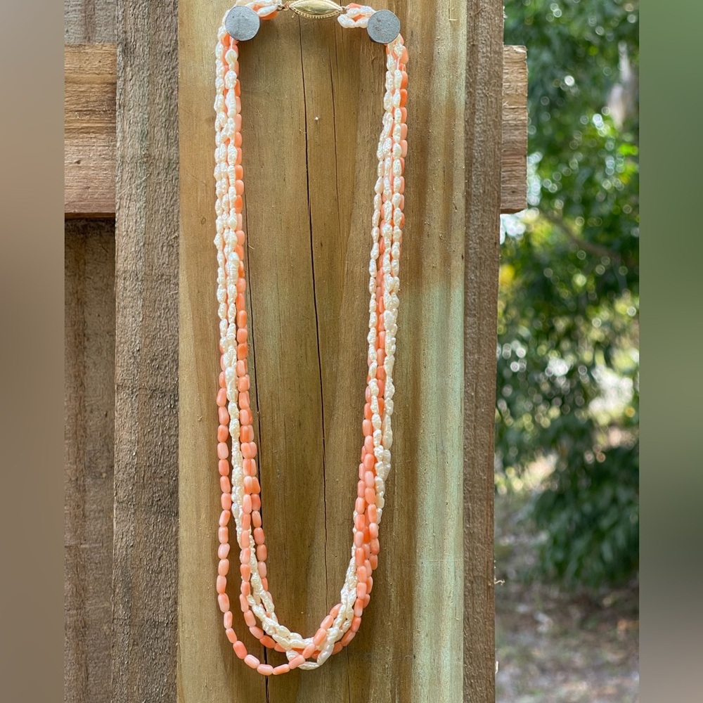 Vintage Real Angel Skin & Salmon Coral 6 Strand Twisted 17” Bead Necklace